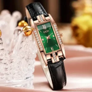 Relógio de pulso elegante com mostrador verde e cristais
