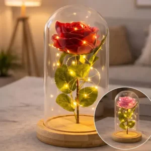 Mini luminária rosa encantada led enfeite modelo base abs cúpula redoma a bela e fera 10.5 x 21.8 cm cor vermelha - planeta andrômeda