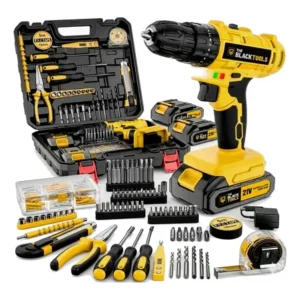 Parafusadeira furadeira de impacto the black tools profissional 2 baterias com maleta + kit acessórios 134 peças tbkit20