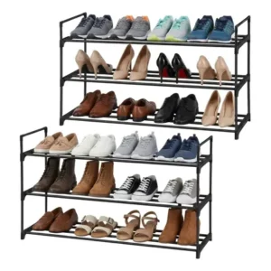 Estante para sapatos 2 peças, empilhável de metal com 3 níveis, 92 x 30 54 cm, preto
