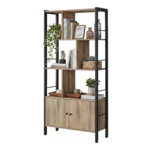 Estante de livros industrial com portas, 4 prateleiras marrom