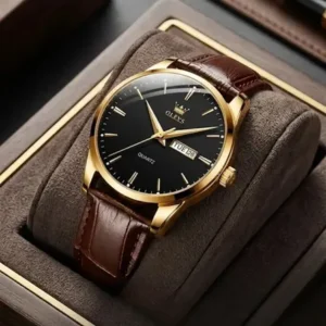 Relógio social masculino a prova d'água couro olevs luxo marrom dourado preto