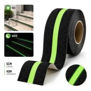 Fita antiderrapante fotoluminescente 5cm x 40m neon, de segurança brilha no escuro para escadas, degraus e pisos