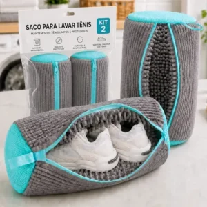 Kit 2 sacos para lavar tênis e sapatos em máquina de – saco telado anti-impacto com fechamento zíper