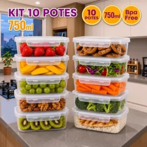 Kit 10 potes 750ml com tampa trava plástico transparente para mantimentos e alimentos marmita organizador de cozinha geladeira freezer jogo organização ponte lar utilidades