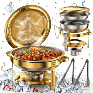Rechaud buffet redondo 6l em aço inoxidável dourado com sistema banho maria, tampa e suporte, ideal para buffet, restaurante, hotel, casamentos, catering, festas eventos