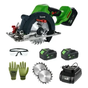 Serra circular elétrica sem fio tecepo com 2 baterias de 21v verde-limão 60hz