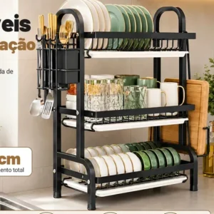 Escorredor de louça inox 3 andares grande pia para armazenar pratos, tigelas, talheres e copos, equipado com bandeja coletora removível, suporte tábua corte porta