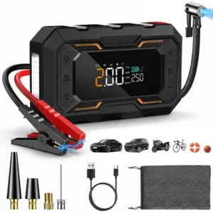 Aweshine auxiliar partida portátil com compressor ar 150 psi,5 modo inflagem,10 funções proteção inteligente,auxiliar veicular carro moto caminhão,digital duplo,power bank e lanterna led preto
