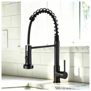 Torneira cozinha monocomando com mola flexível e giro 360° gourmet alta pressão água fria quente em aço inoxidável acabamento preto fosco montagem bancada