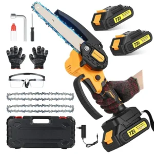 Motosserra eletrica portatil 6 polegadas, 2 baterias, 600w 3000rpm potente mini moto serra profissional com maleta - starmega