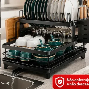 Escorredor de louça inoxidável 2 andares drenagem automática bandeja grande 360º organizador pia com porta talheres tigelas pratos