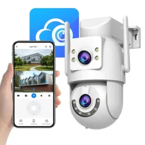 Câmera de segurança ip 4k, wi-fi dual band, lente dupla, com sirene, visão noturna colorida, rotação 355°, controle por app, prova d'água, cor branca-jooan