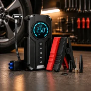 Auxiliar de partida e compressor ar portátil 6 em 1 inteligente para carro, moto bicicleta com lanterna power bank