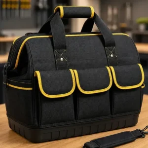 Bolsa maleta de ferramentas 14 pol grande e reforçada 16 bolsos, 8 internos externos, base rígida alça removível para eletricista profissionais preto amarelo hardline