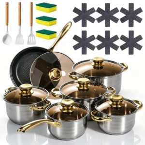 Jogo de panelas prime ware-es 12 peças aço inox premium com medidor e tampa vidro para indução