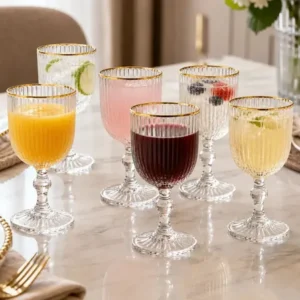 Jogo 6 taças de vidro canelado com borda dourada grafiatto 340ml transparente para drinks e sucos luxo mesa posta viacruz