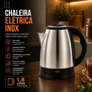 Chaleira jarra elétrica 1,8l litros em inox desligamento automático aquecimento rápido segura café chá fácil abertura alça viacruz