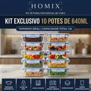 Conjunto 10 potes 640ml vidro hermético 4 travas marmita universo mix