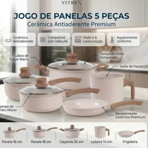 Jogo de panelas cerâmico triplo indução vitrex ecoglid 5 peças cor baunilha