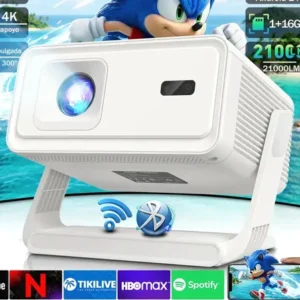 Projetor android 14 com wi-fi 6 e bluetooth 5.4, foco automático correção 6d, rotação 180°, suporta 4k áudio dolby