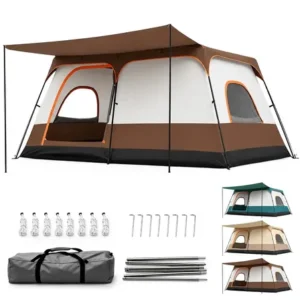 Aweshine barraca de camping familiar luxo 2 quartos para 8-12 pessoas,impermeavel 1000mm tecido oxford 330*210*180cm marrom
